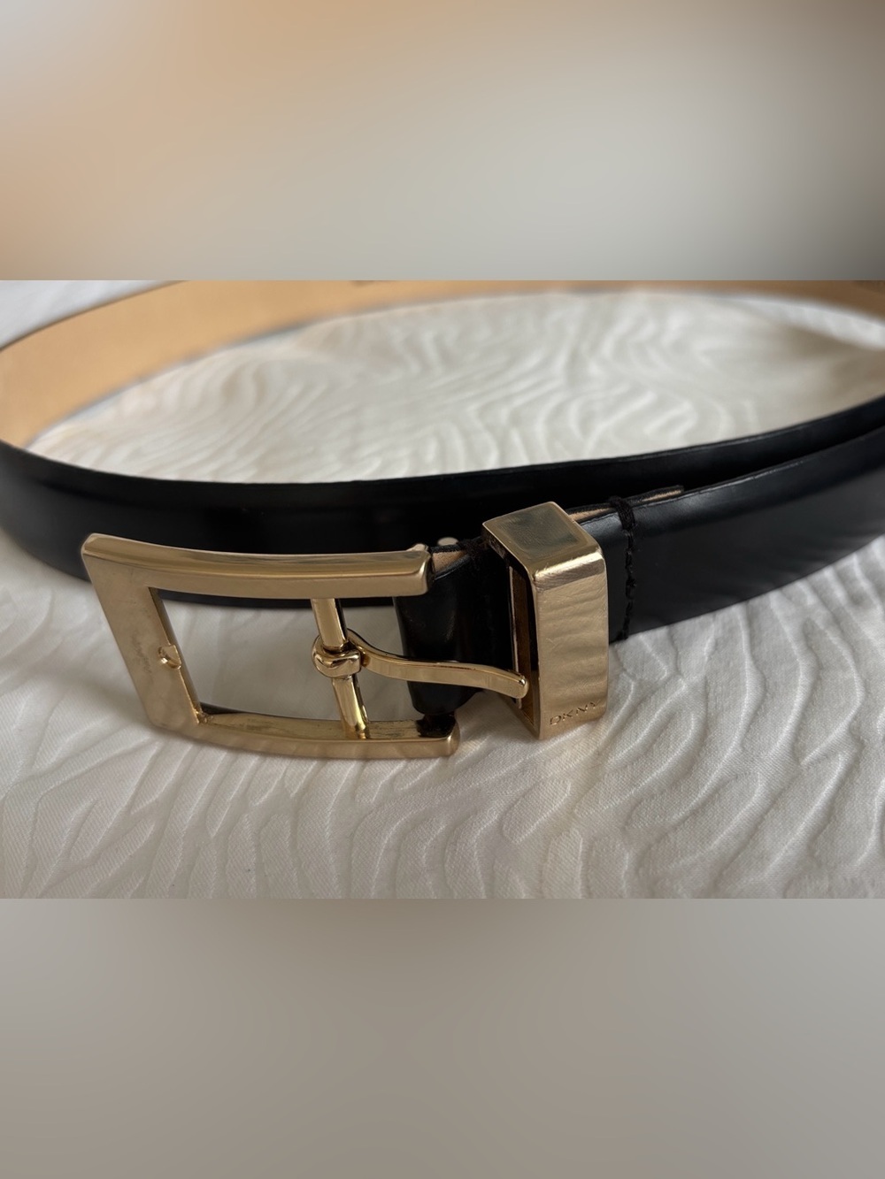 DKNY Black Leather Belt with Gold-Tone Buckle